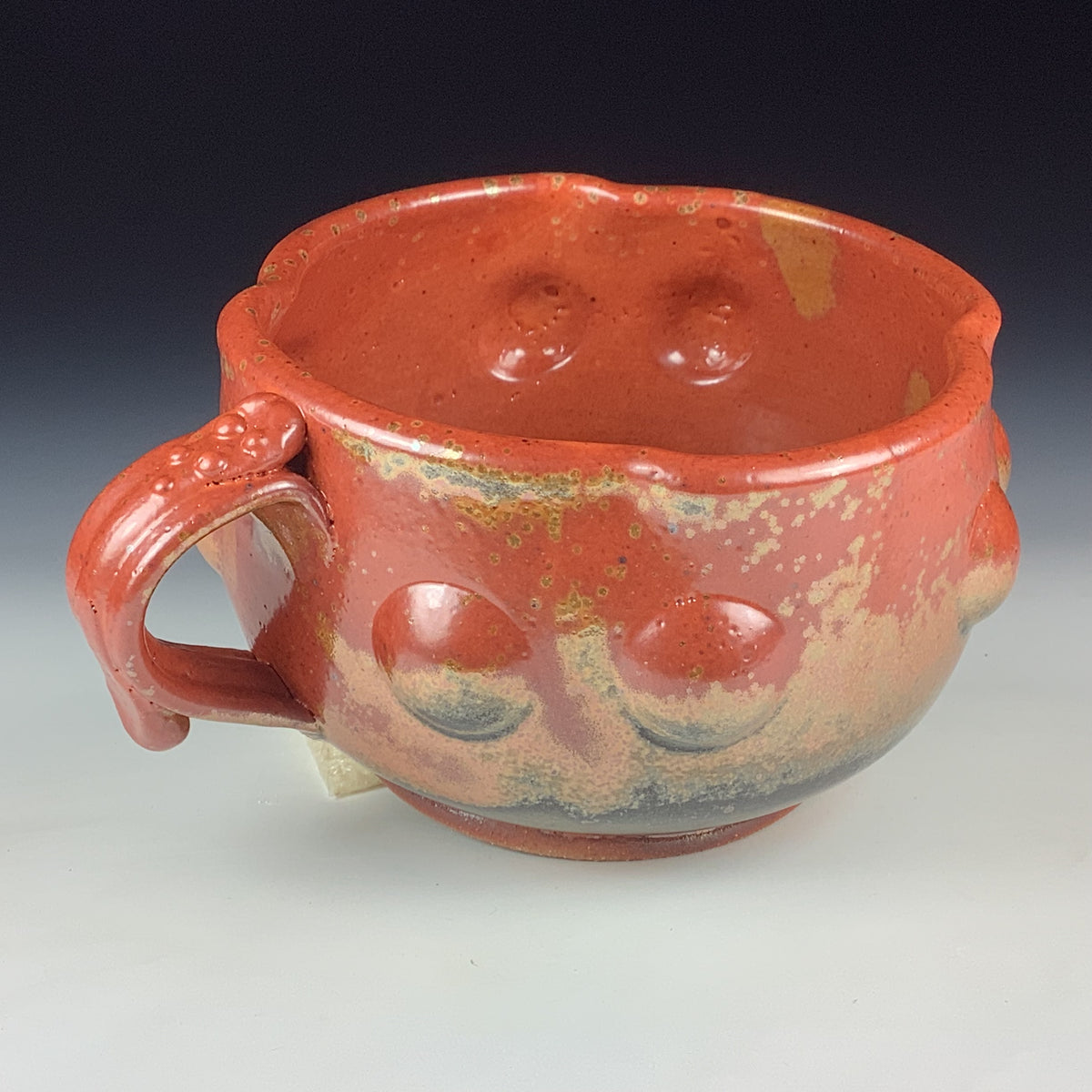 Handmade Ceramic Pottery Bowl with Handle, Orange Shino Bump Glaze