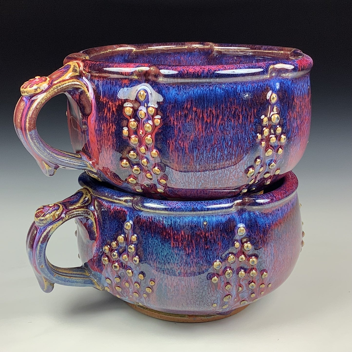 Handmade Ceramic Pottery Bowls with Handles, Set of Two, Slip Dotted Red Purple Glaze - Item 4006