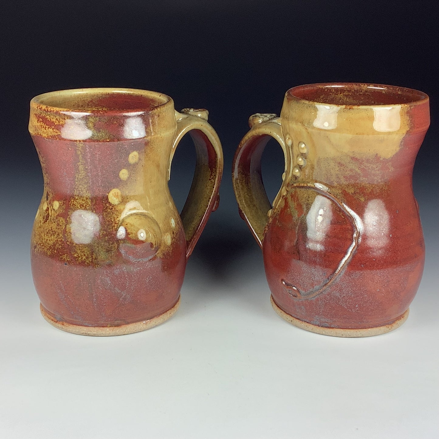 Handmade Ceramic Coffee Mug Set, Iron Red with White Ash Glaze, Bamboo Slip-Dotted Stoneware, Set of Two - Item 3942