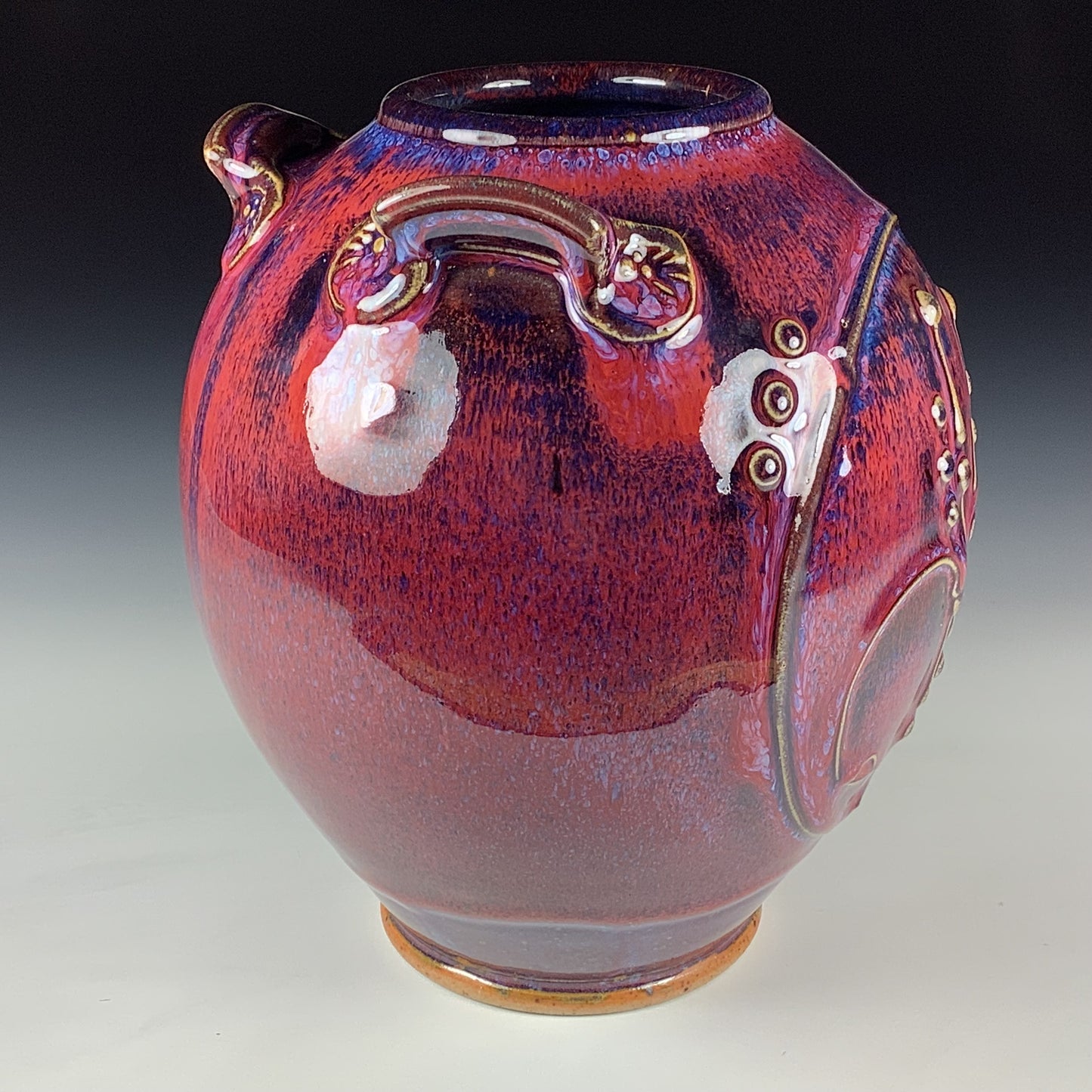 Handmade Stoneware Pottery Slip Trail Bamboo Purple Red Glaze Vase - Item 4092