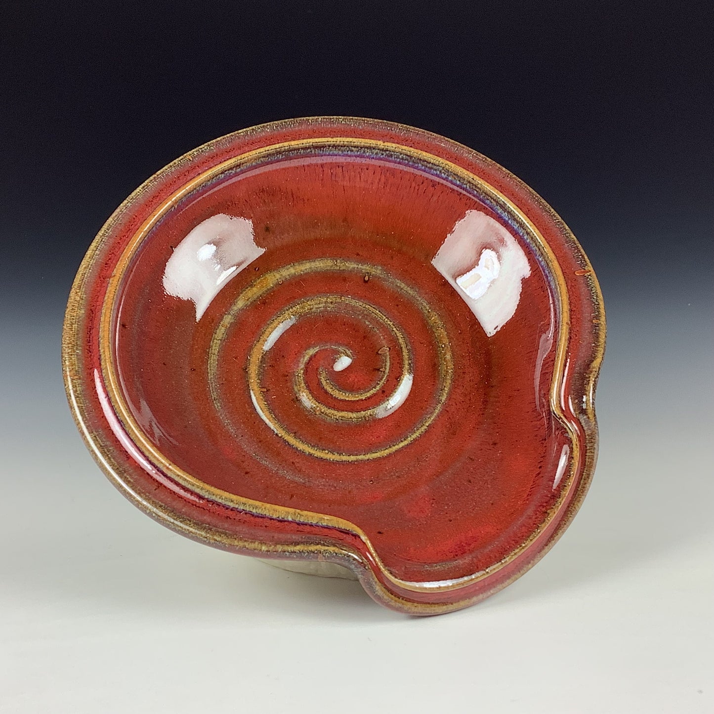 Handmade Ceramic Spoon Rest: Red Glaze, Spiral