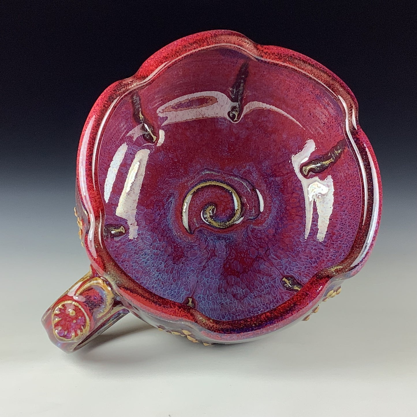 Handmade Ceramic Pottery Bowl with Handle, Slip Dotted Red Purple Glaze