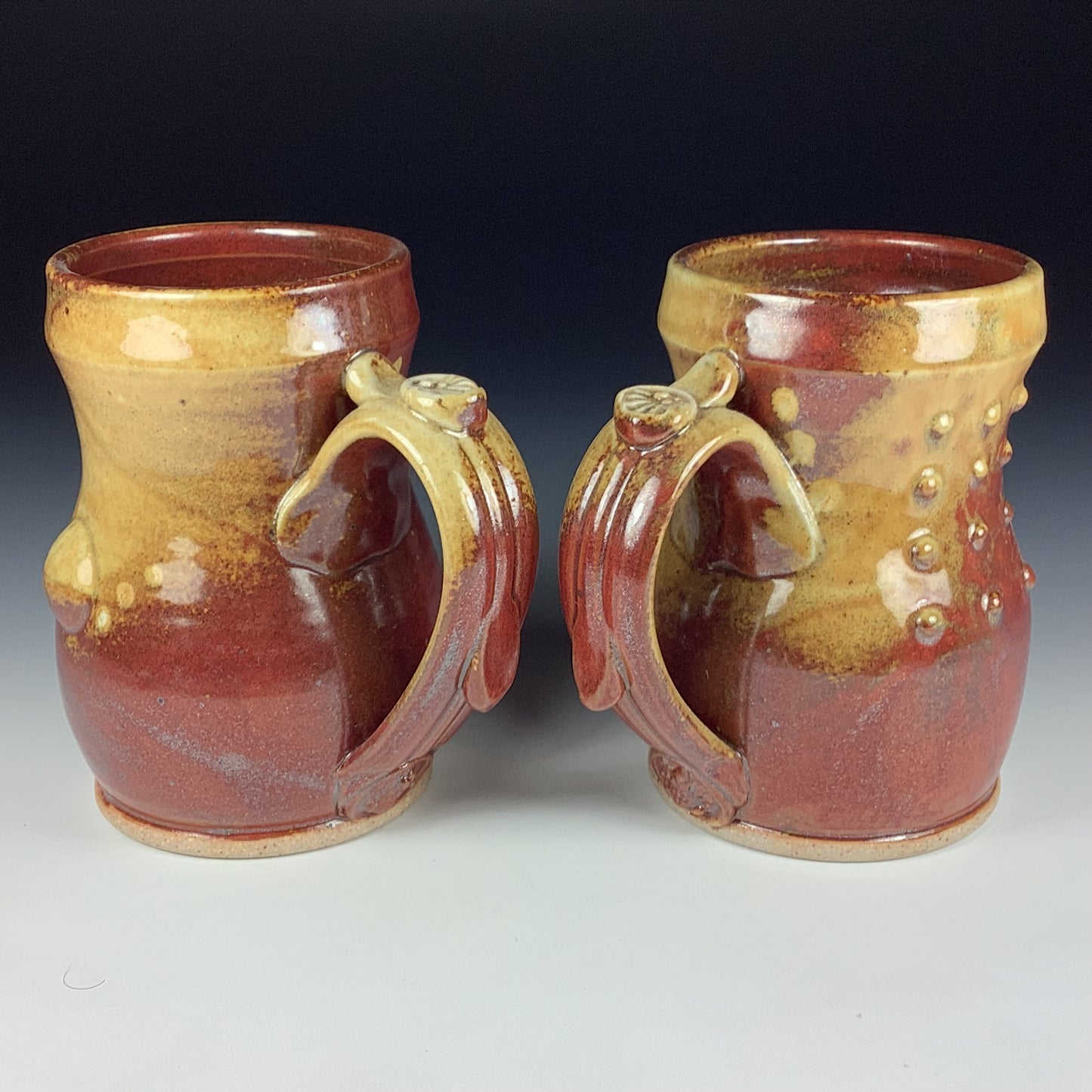 Handmade Ceramic Coffee Mug Set, Iron Red with White Ash Glaze, Bamboo Slip-Dotted Stoneware, Set of Two - Item 3945