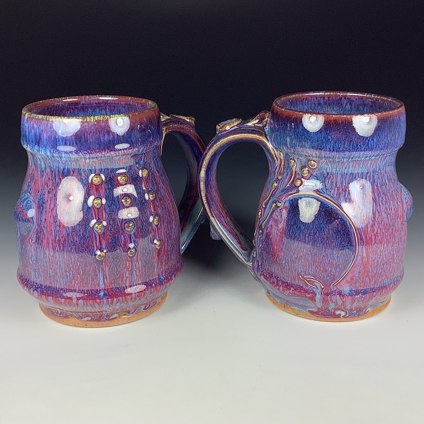 Handmade Ceramic Coffee Mug Set, Purple Red Glaze, Bamboo Slip-Dotted Stoneware, Set of Two - Item 3943