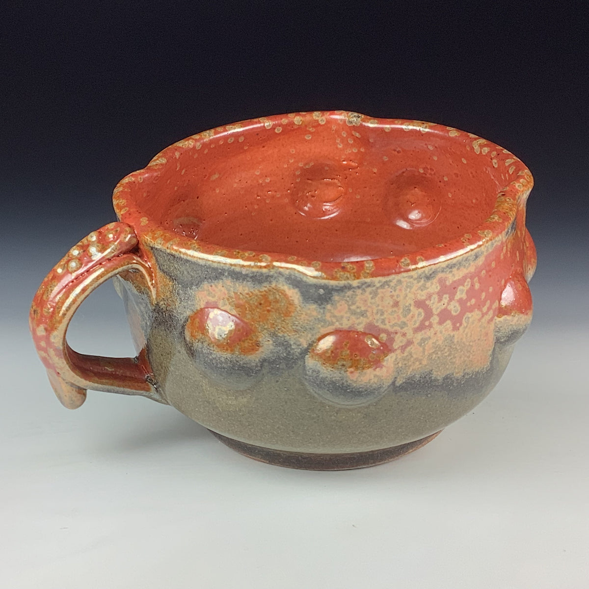 Handmade Ceramic Pottery Bowl with Handle, Orange Shino Bump Glaze