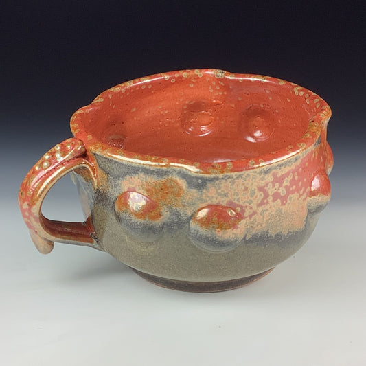 Handmade Ceramic Pottery Bowl with Handle, Orange Shino Bump Glaze