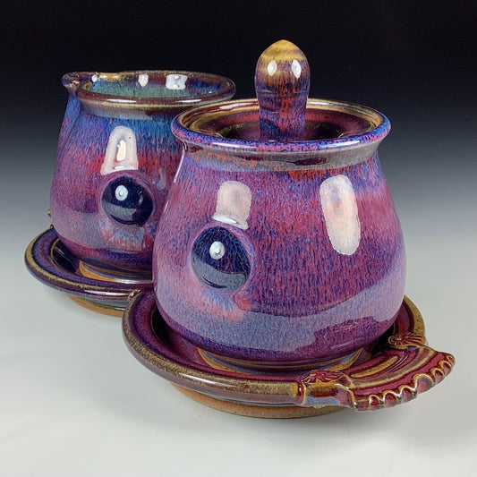 Handmade Stoneware pottery Cream & Sugar Set with Tray, Red Purple Bump Glaze - Item 4068