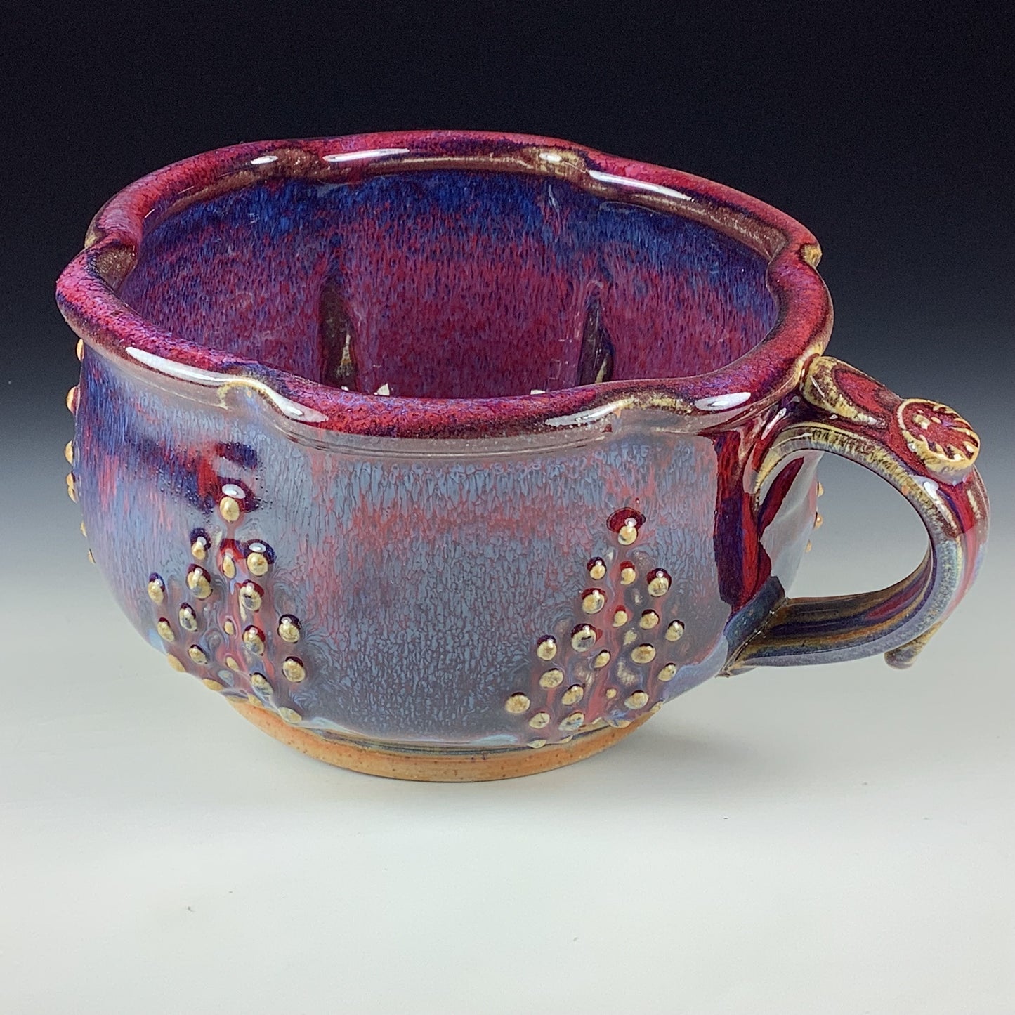 Handmade Ceramic Pottery Bowl with Handle, Slip Dotted Red Purple Glaze