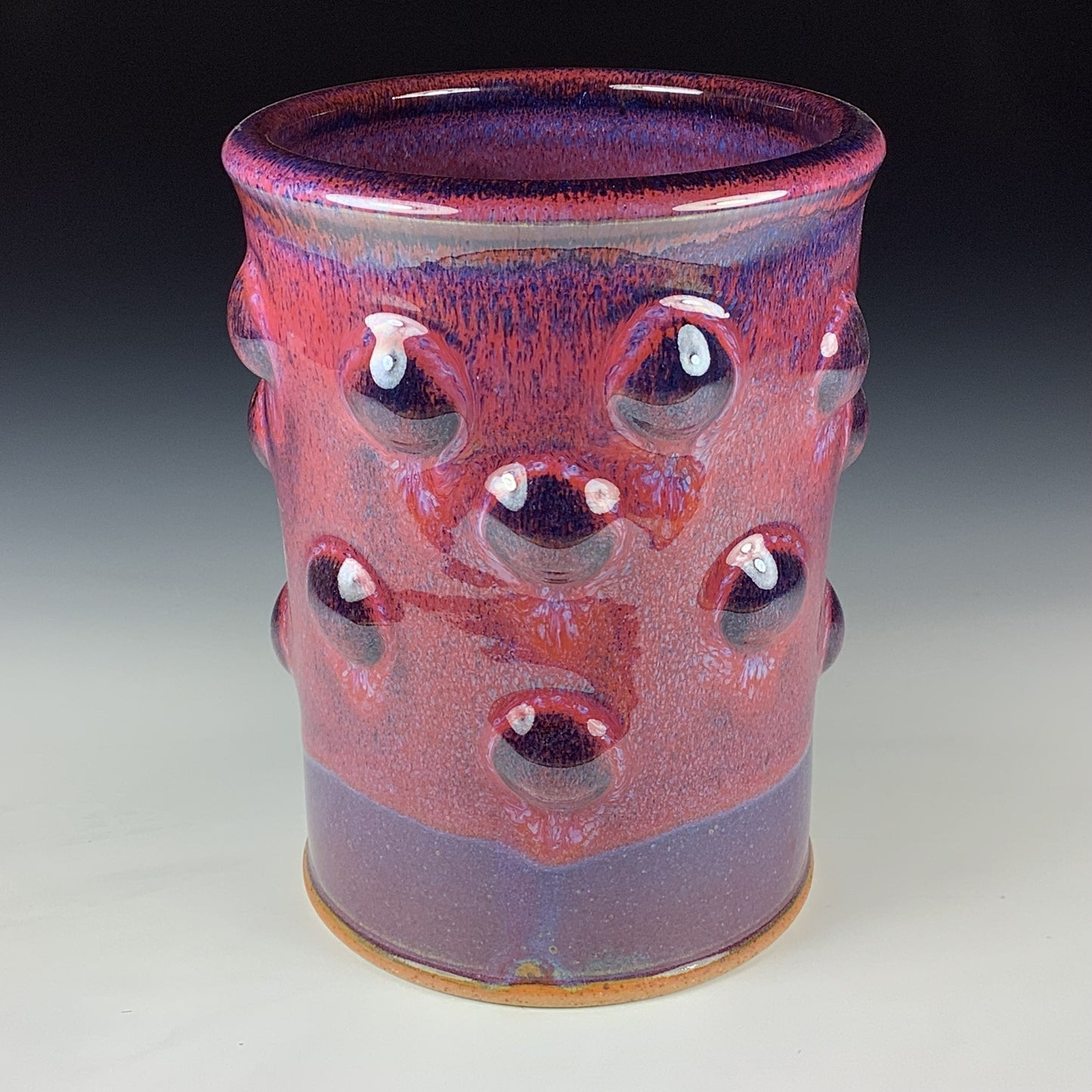 Handmade Stoneware Utensil Holder: Purple Red Glaze Bump Pottery Vase - Item 4101