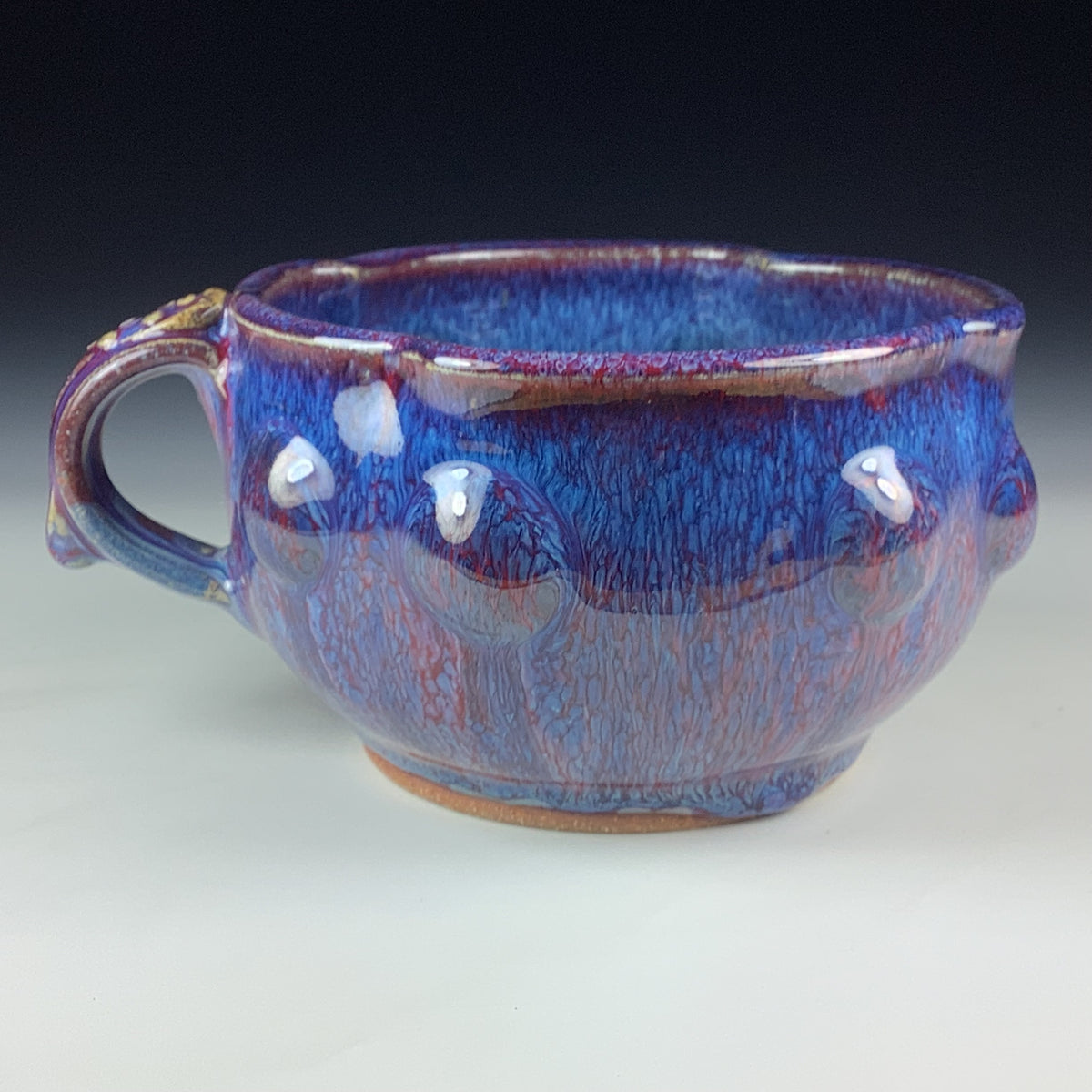 Handmade Ceramic Pottery Bowl with Handle, Red Purple Bump Glaze