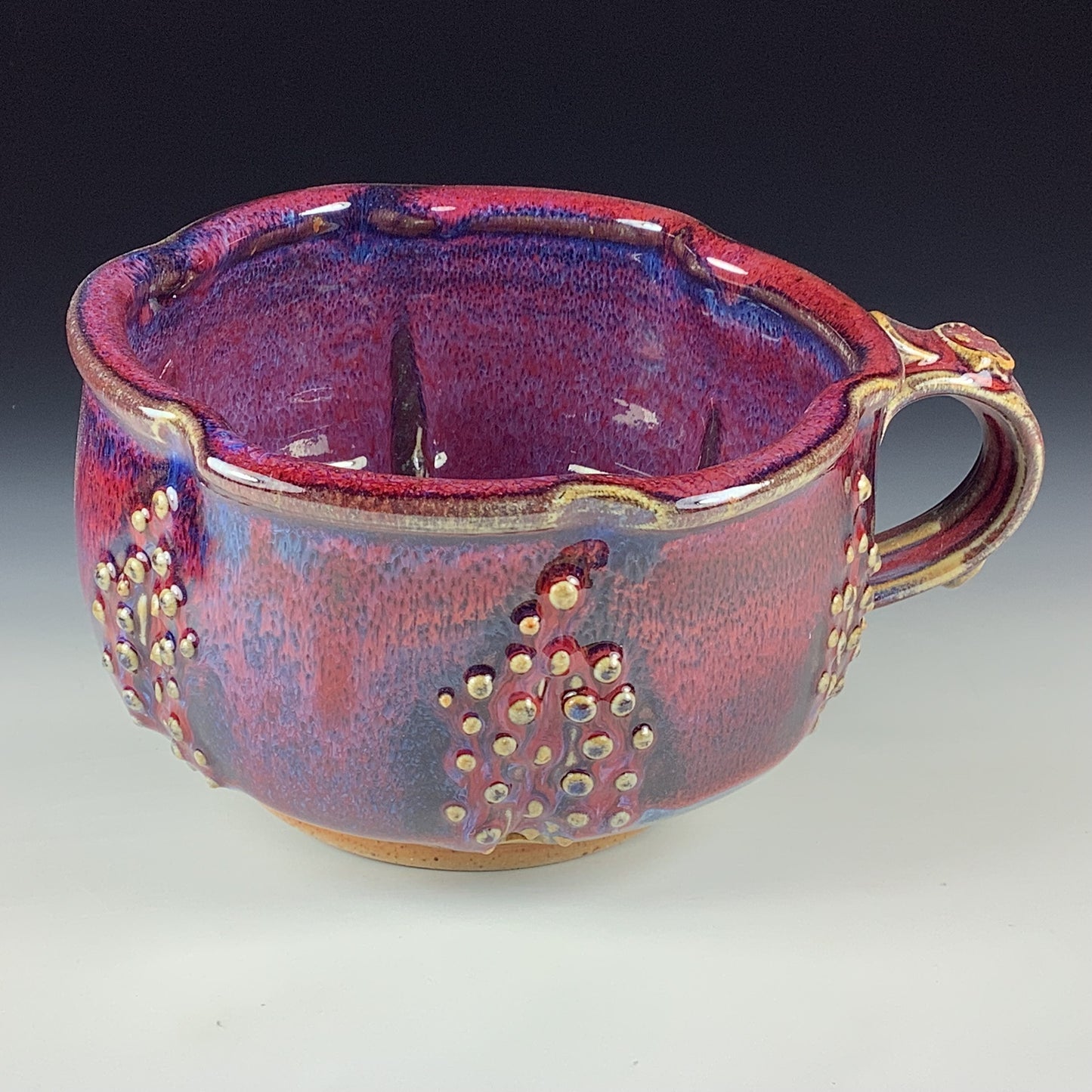 Handmade Ceramic Pottery Bowl with Handle, Slip Dotted Red Purple Glaze