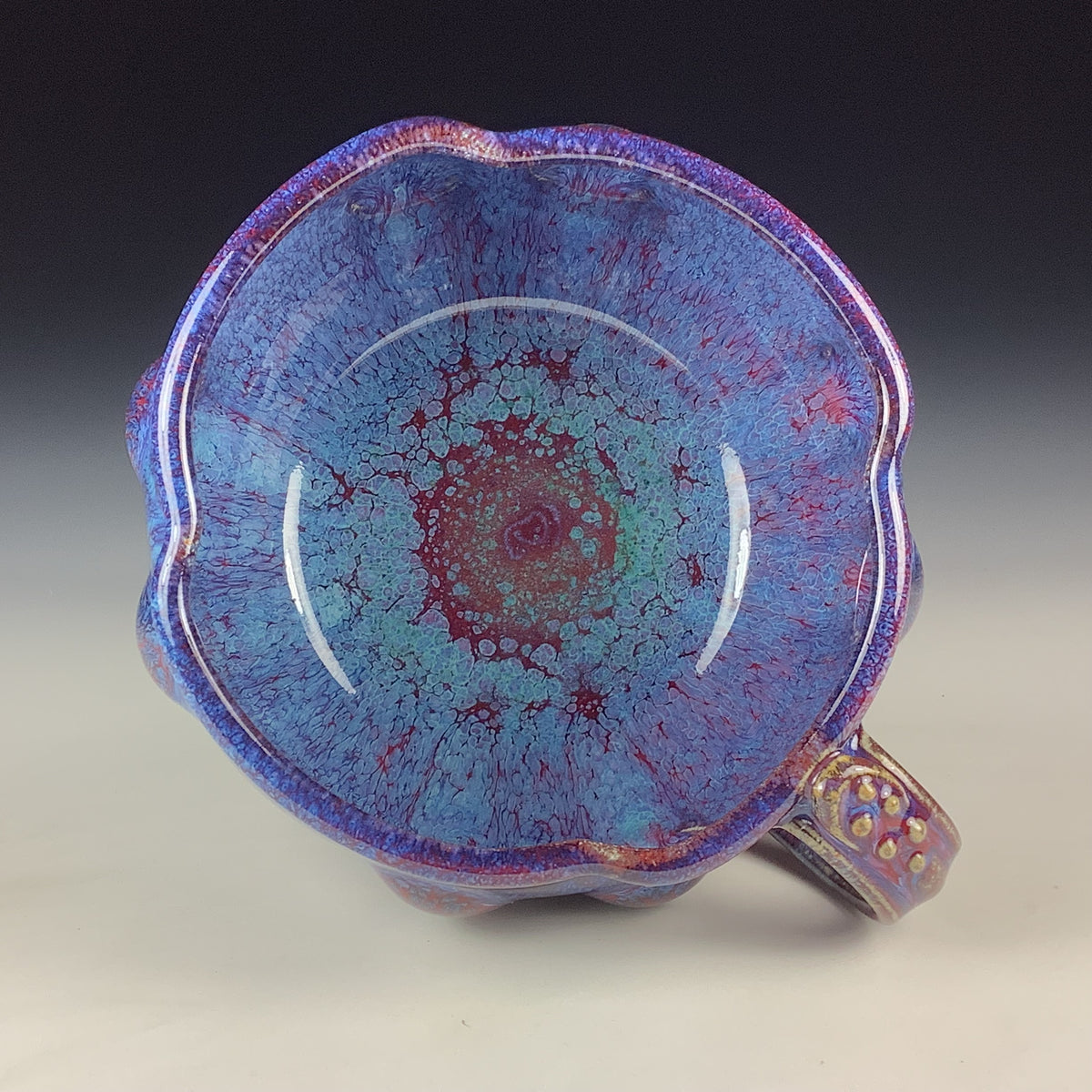 Handmade Ceramic Pottery Bowl with Handle, Red Purple Bump Glaze