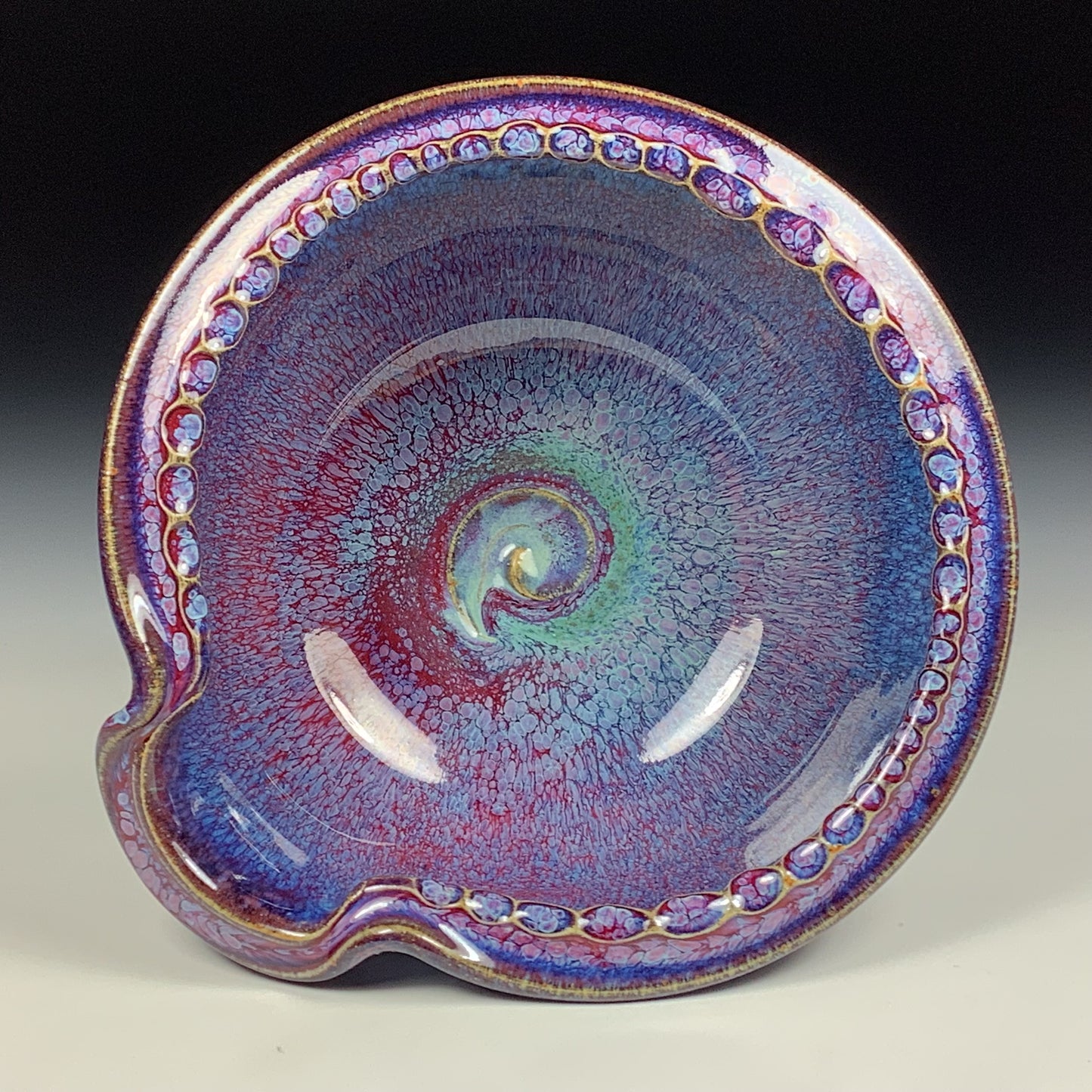 Handmade ceramic deep spoon rest stoneware pottery kitchenware - Purple red dotted rim item 3866