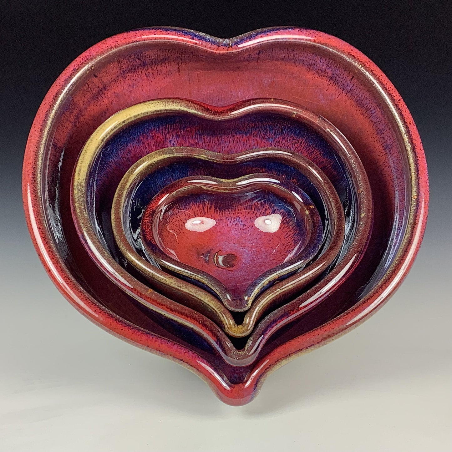 Handmade Ceramic Heart-Shaped Nesting Bowl Set of 4, Red Purple Glaze - Item 4016