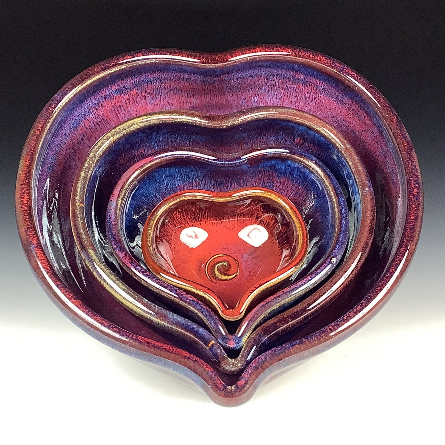 Handmade Ceramic Heart-Shaped Nesting Bowl Set of 4, Red Purple Glaze - Item 4013