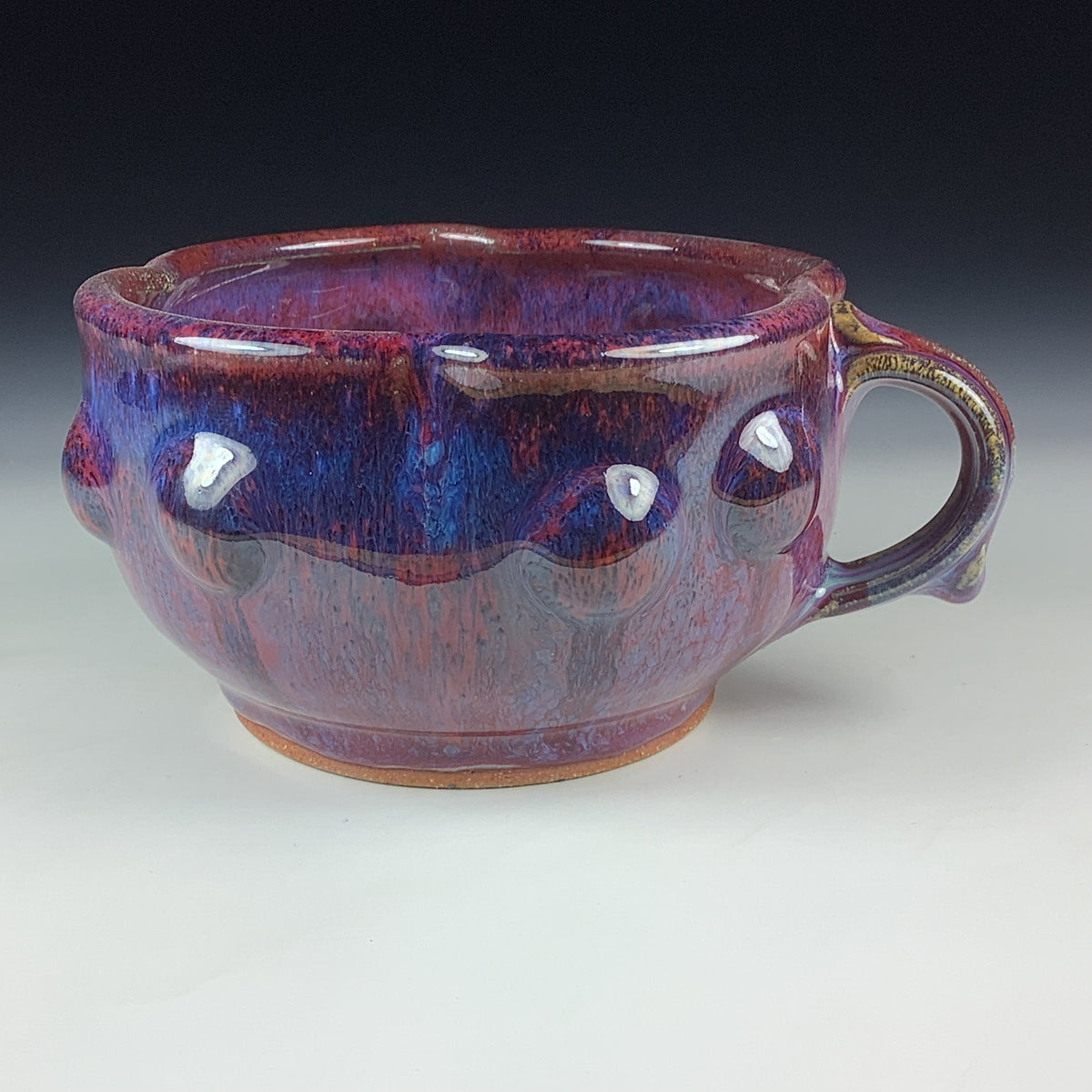 Handmade Ceramic Pottery Bowl with Handle, Red Purple Bump Glaze
