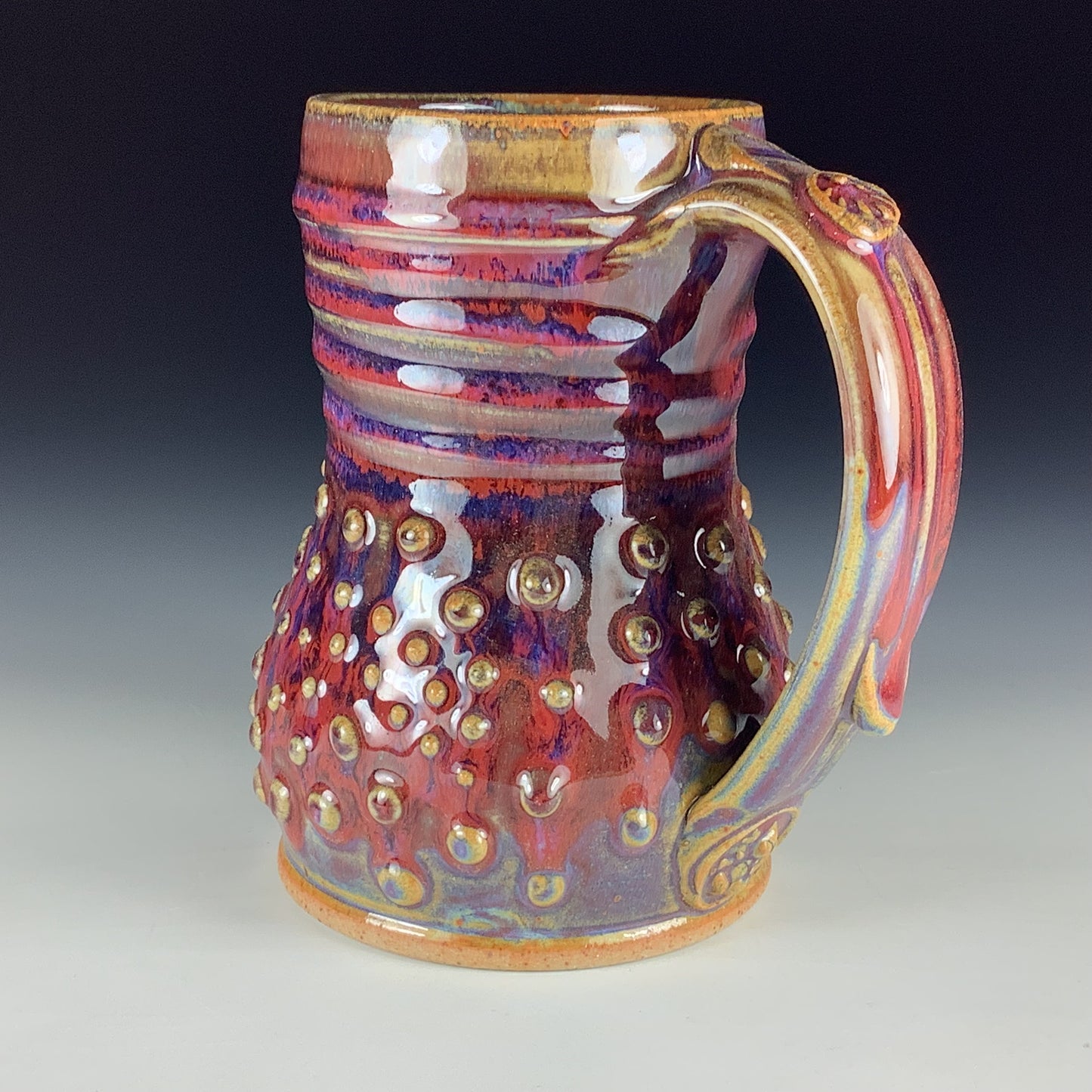 Handmade Stoneware Coffee Mug: Red Purple Glaze, Slip-Dotted