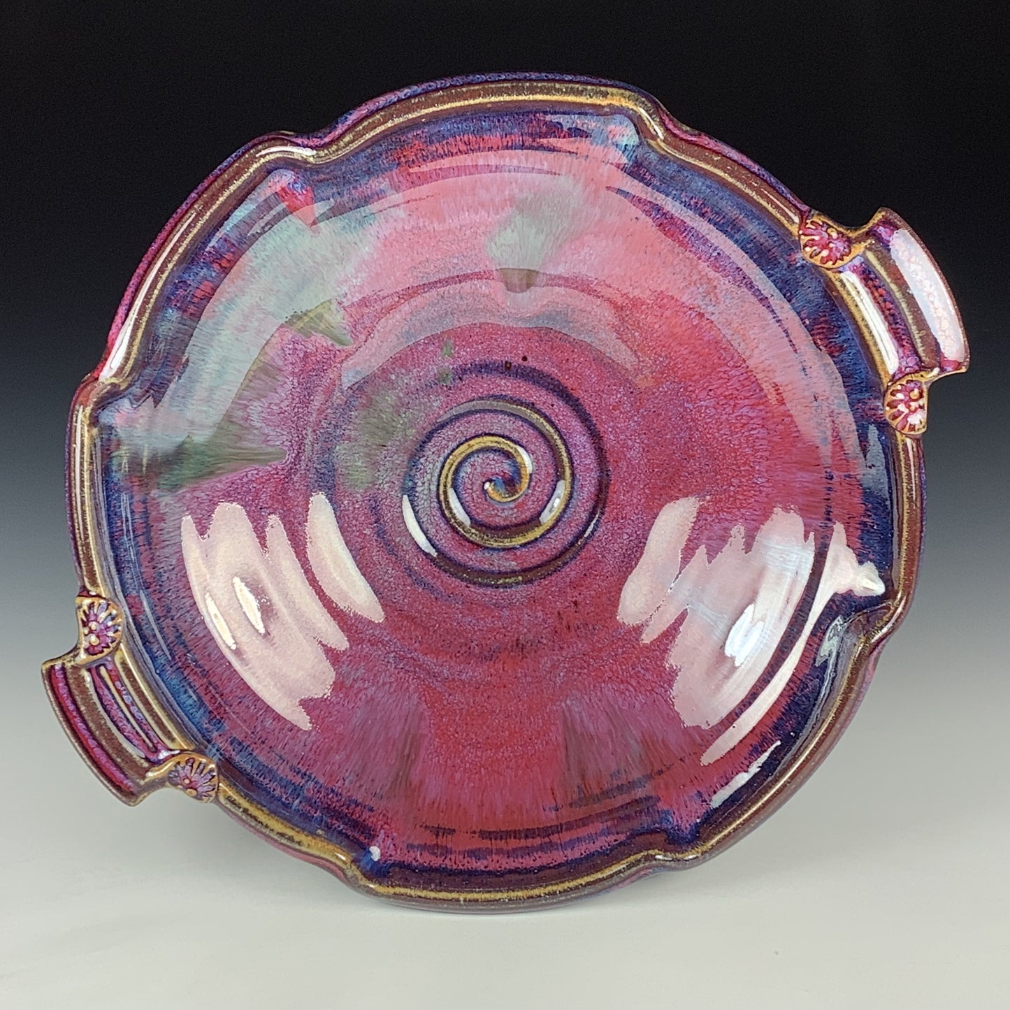 Handmade Stoneware Pottery Purple Red Glazed Serving Dish with Handles - Item 4075