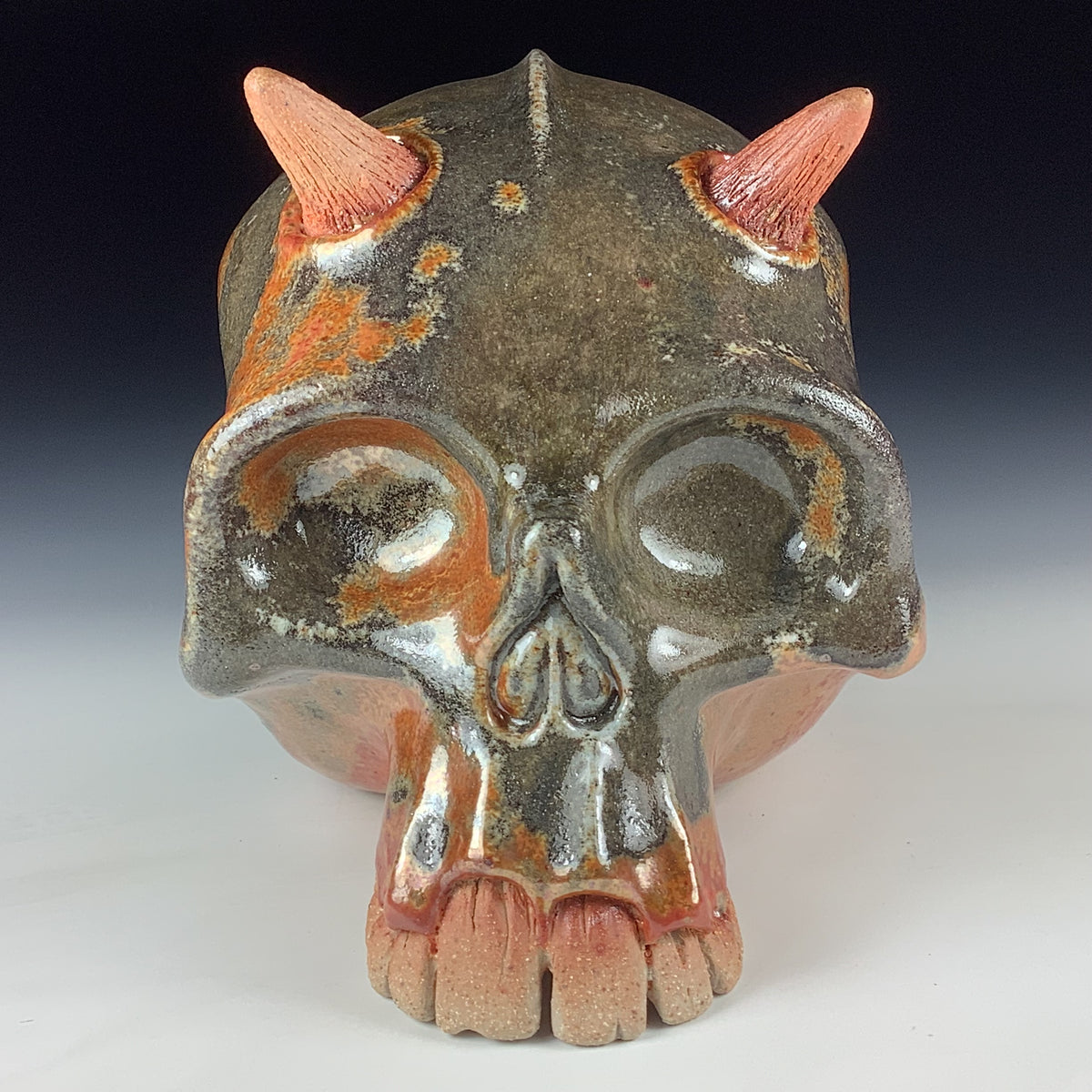 Handmade Shino Orange Ceramic Stoneware Pottery Skull