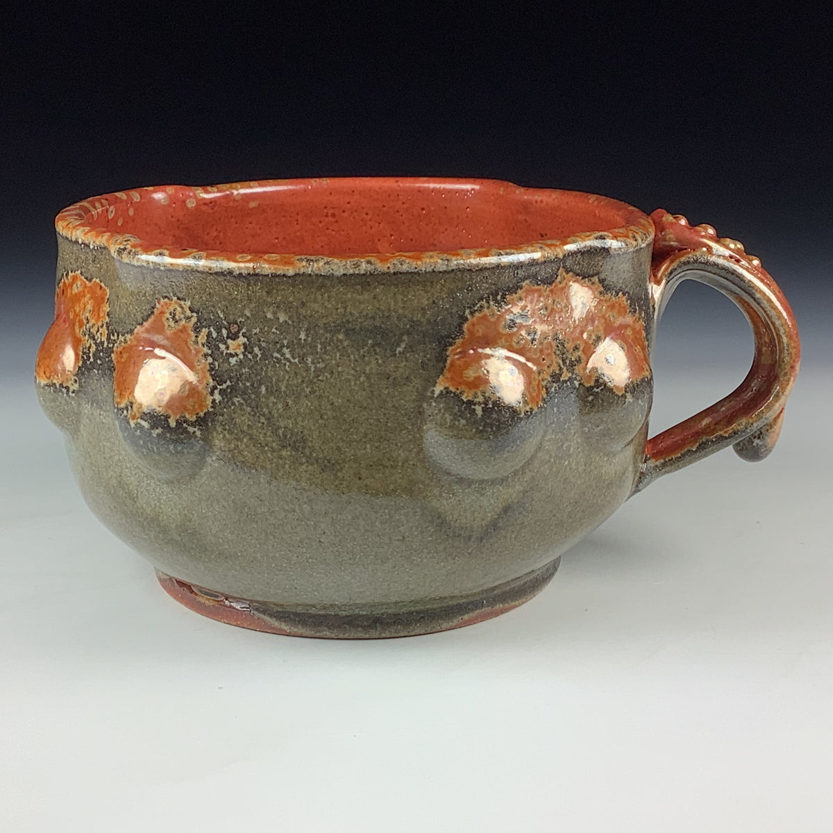 Handmade Ceramic Pottery Bowl with Handle, Orange Shino Bump Glaze
