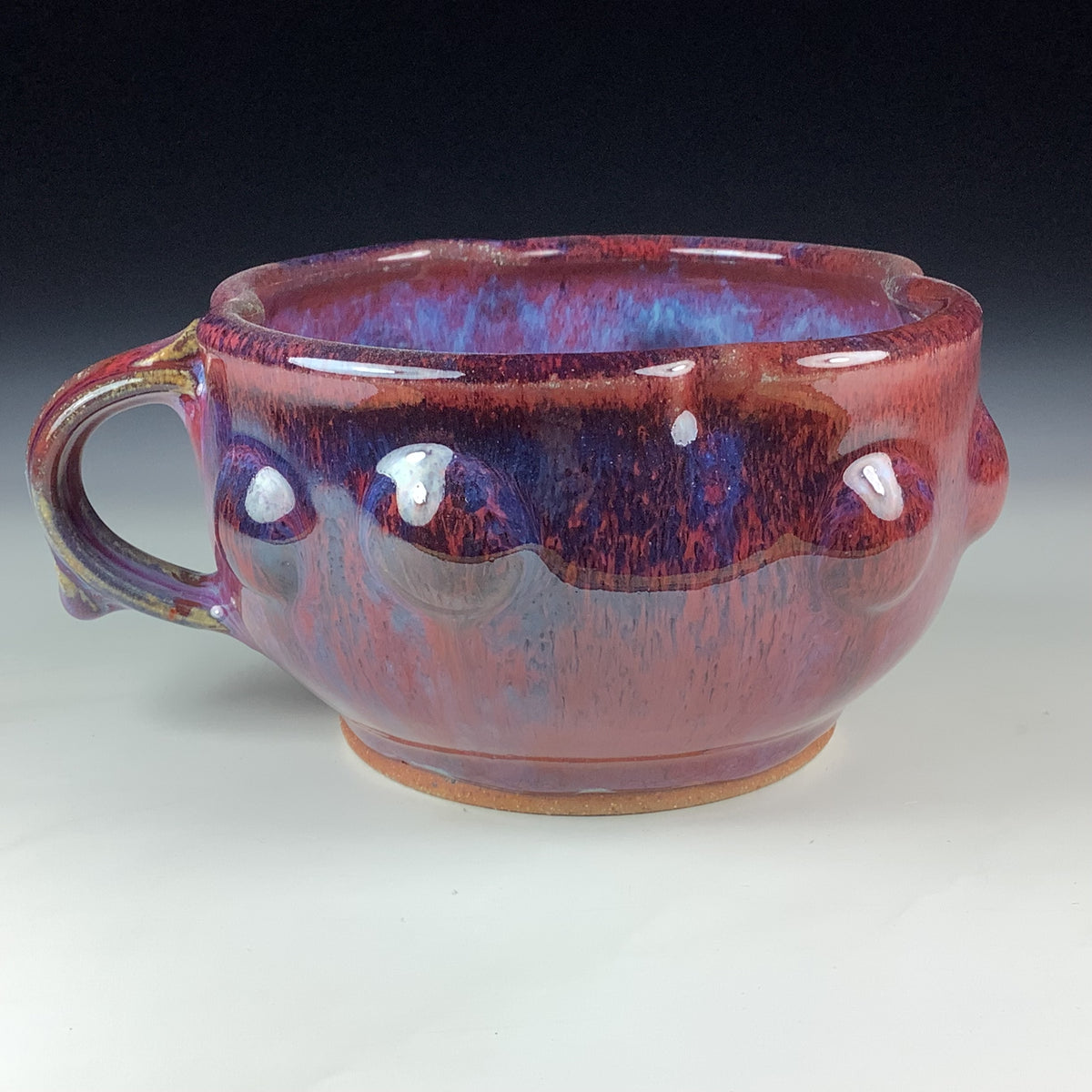 Handmade Ceramic Pottery Bowl with Handle, Red Purple Bump Glaze