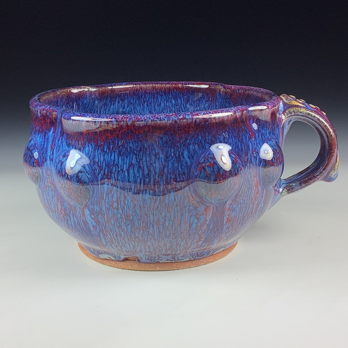 Handmade Ceramic Pottery Bowl with Handle, Red Purple Bump Glaze
