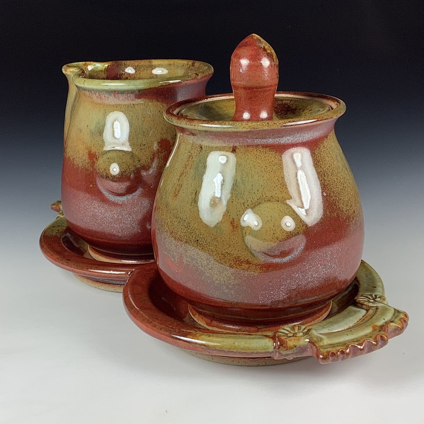 Handmade Stoneware pottery Cream & Sugar Set with Tray, Iron Red with White Ash Glaze - Item 4071