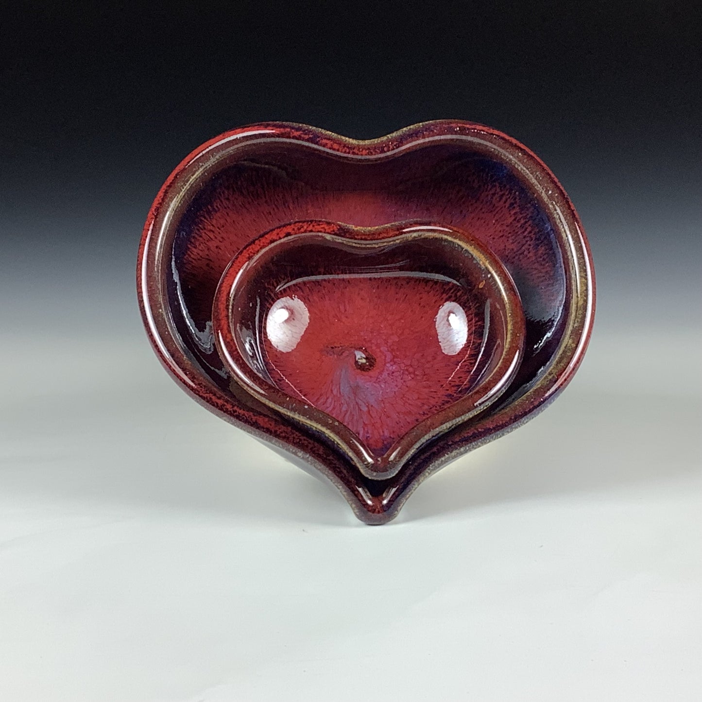 Handmade Ceramic Heart-Shaped Nesting Bowl Set of 2, Red Purple Glaze - Item 4025