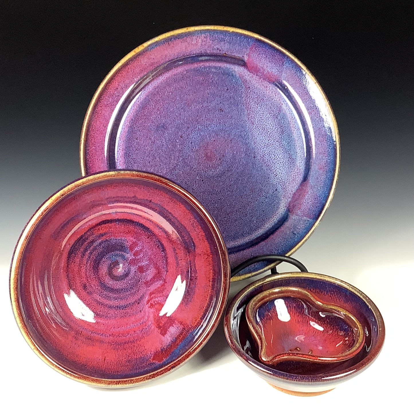 Handmade Stoneware Pottery Plate Setting - Purple Red Glaze