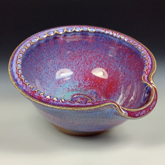 Handmade ceramic deep spoon rest stoneware pottery kitchenware - Purple red dotted rim item 3871