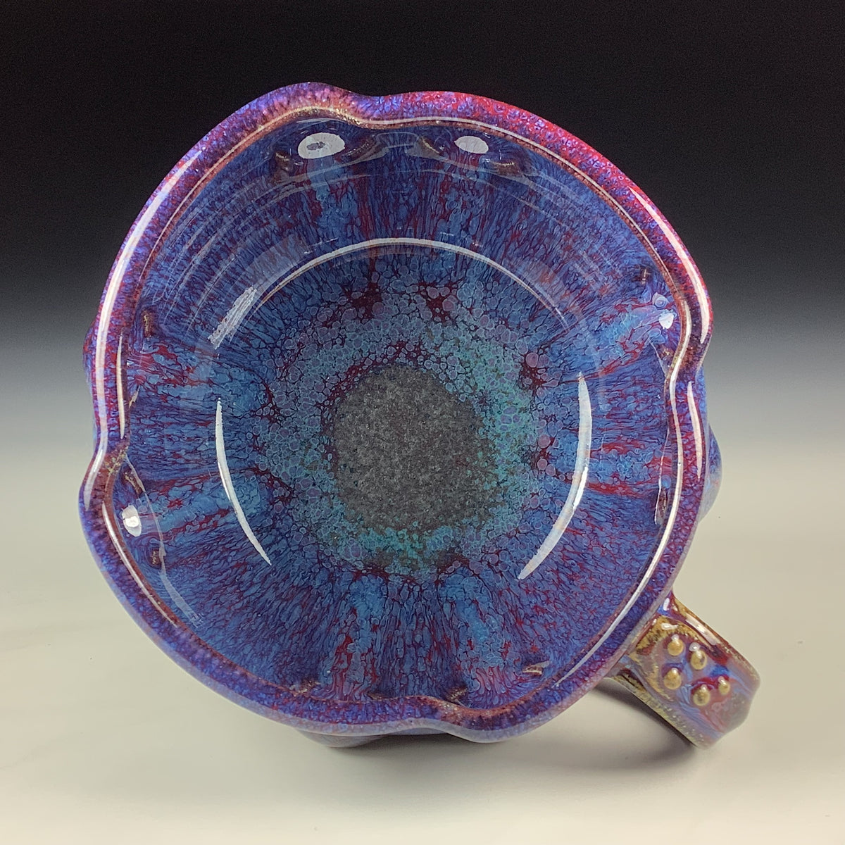 Handmade Ceramic Pottery Bowl with Handle, Red Purple Bump Glaze