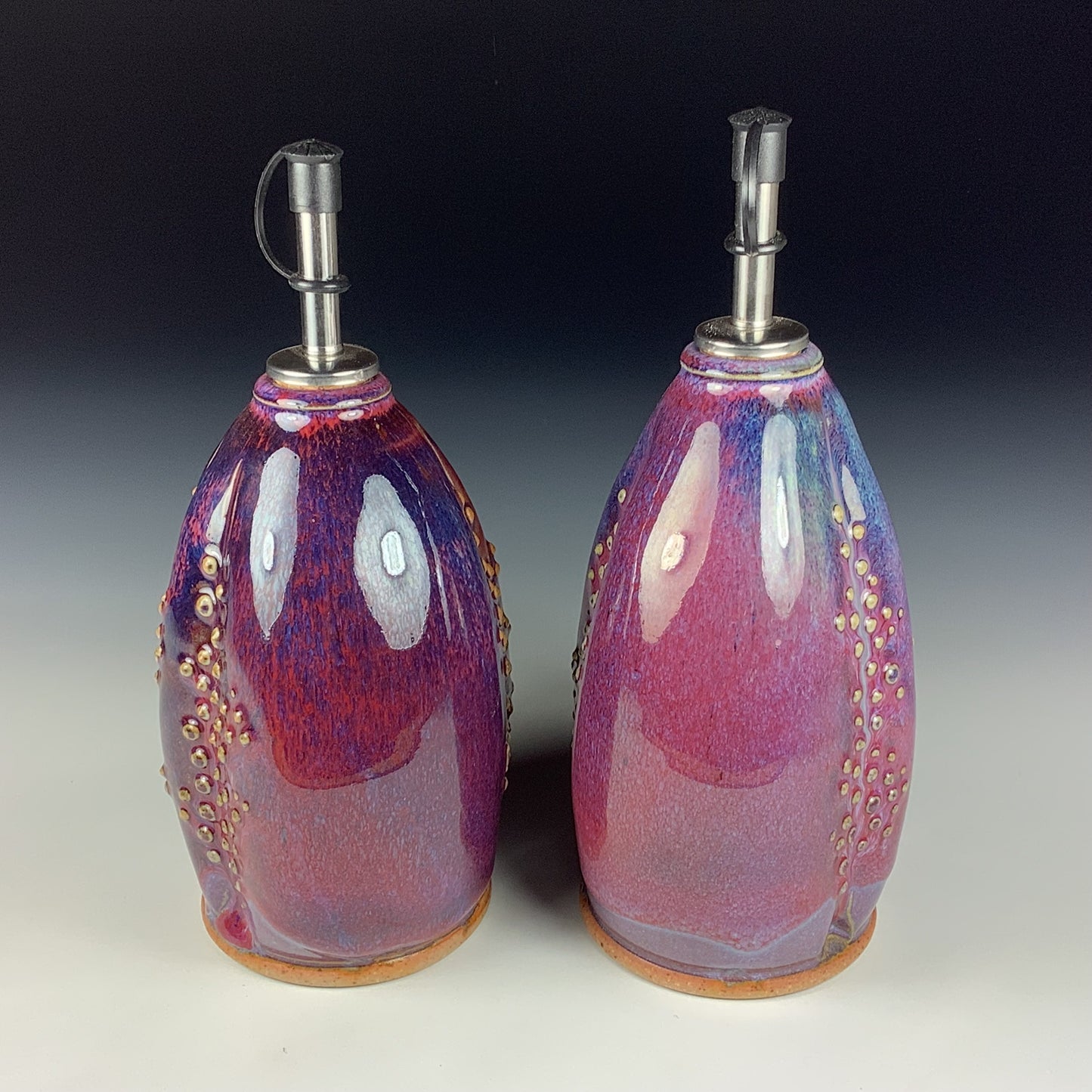 Handmade Ceramic Olive Oil Dispensers, Set of Two: Purple Red Slip Dotted Stoneware Cruet- Item 3948
