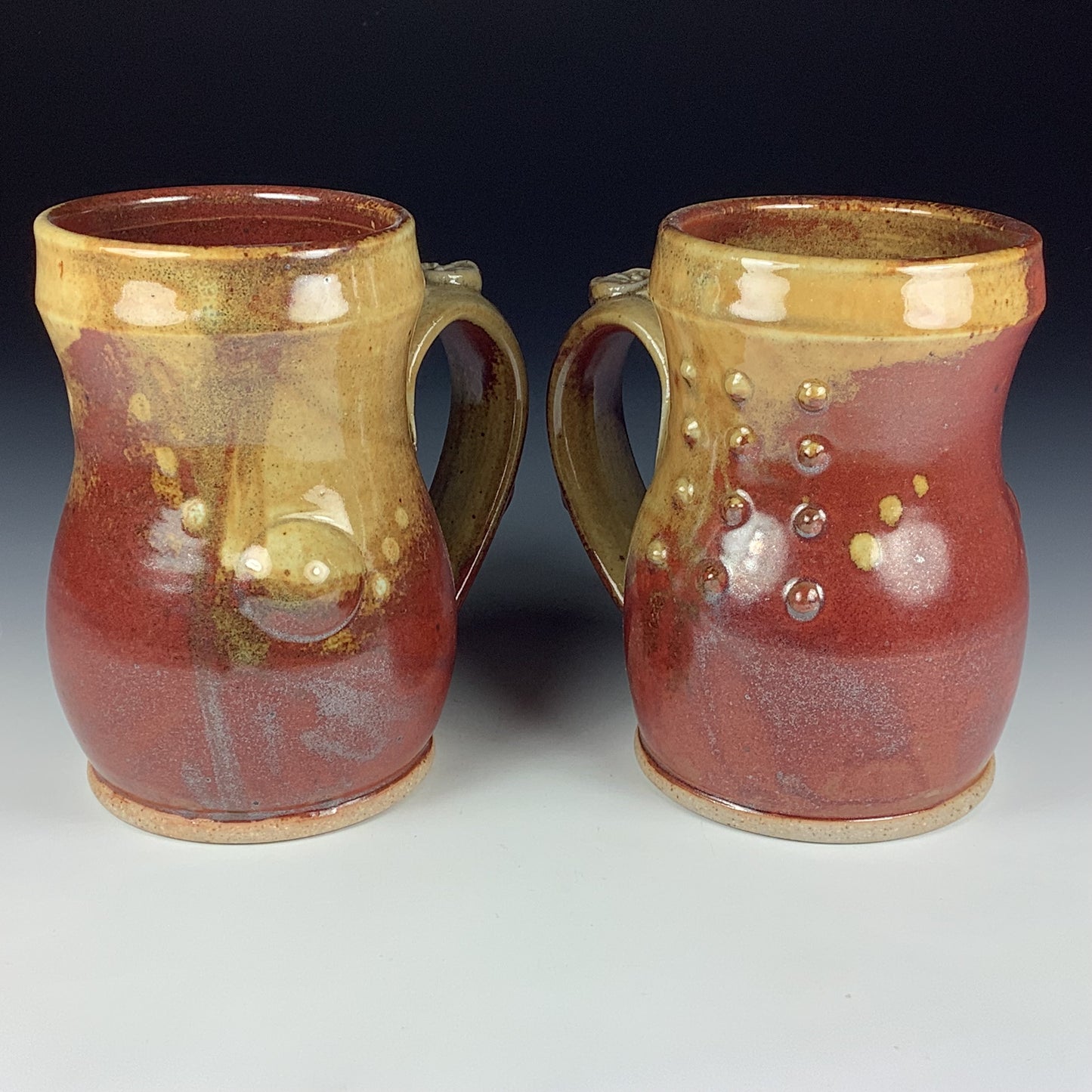Handmade Ceramic Coffee Mug Set, Iron Red with White Ash Glaze, Bamboo Slip-Dotted Stoneware, Set of Two - Item 3945