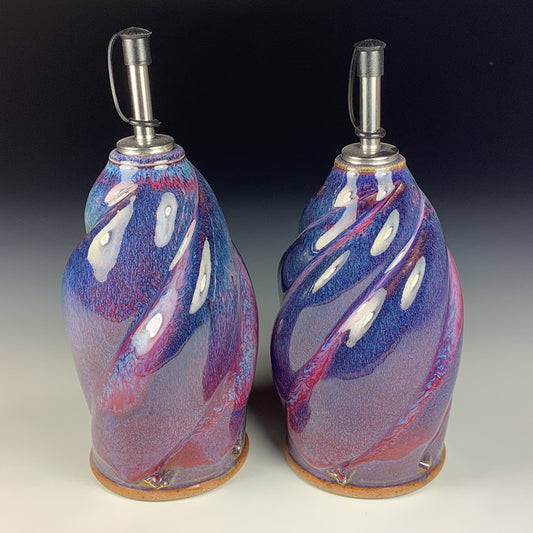 Handmade Ceramic Olive Oil Dispensers, Set of Two: Purple Red Twisty Stoneware Cruet - Item 3955