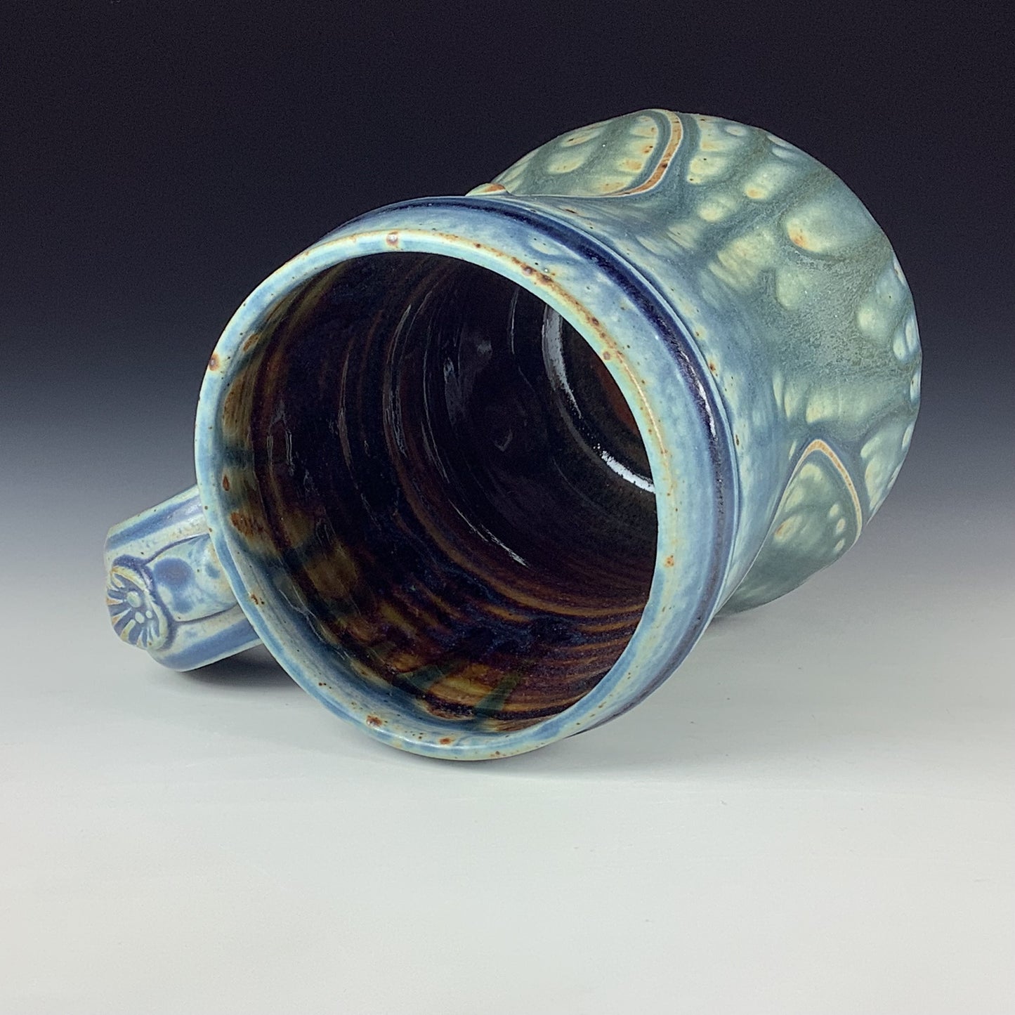 Handmade Stoneware Coffee Mug: Ash Blue Glaze, Slip-Dotted Bamboo