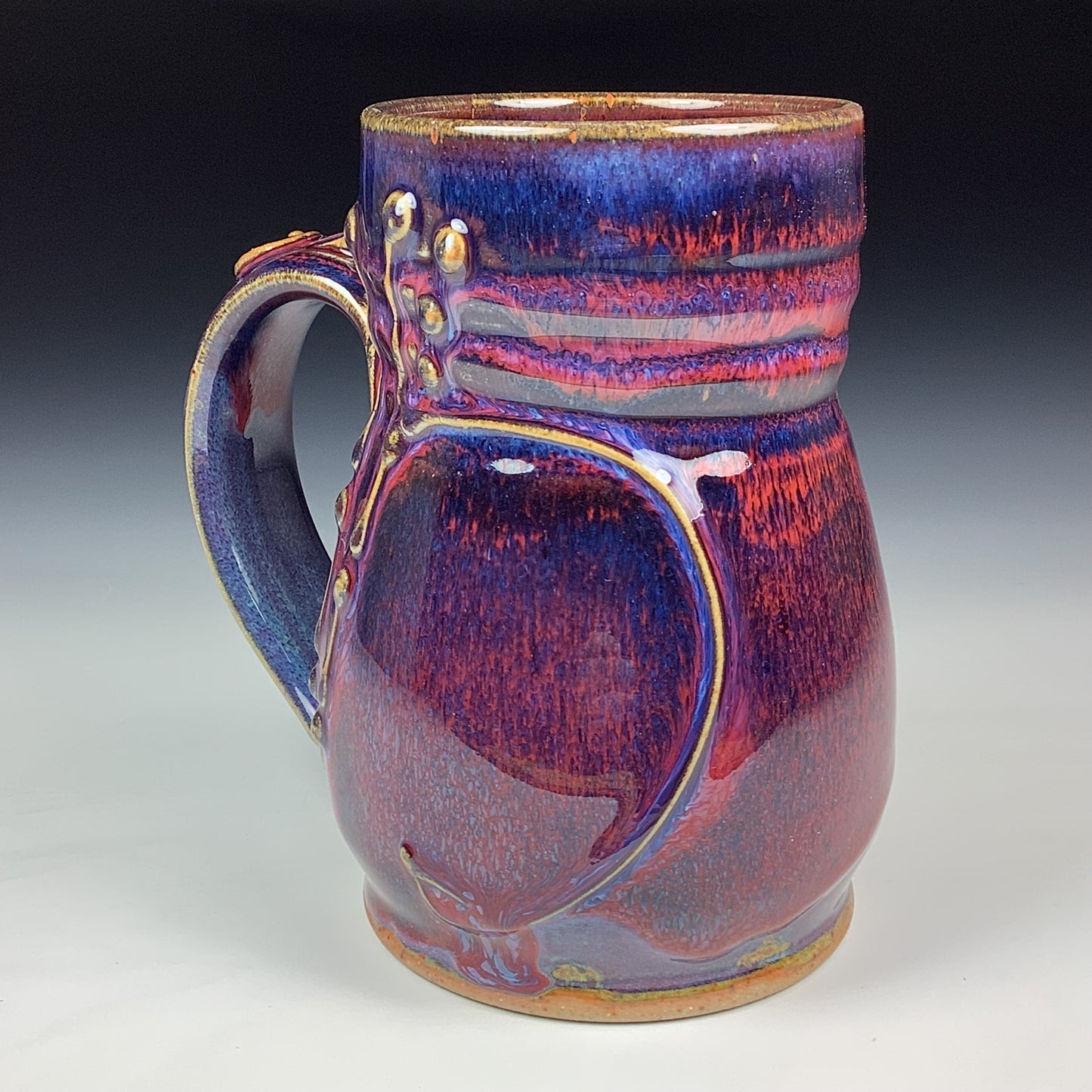 Handmade Stoneware Coffee Mug: Red Purple Glaze, Slip-Dotted Bamboo - Mug 3978