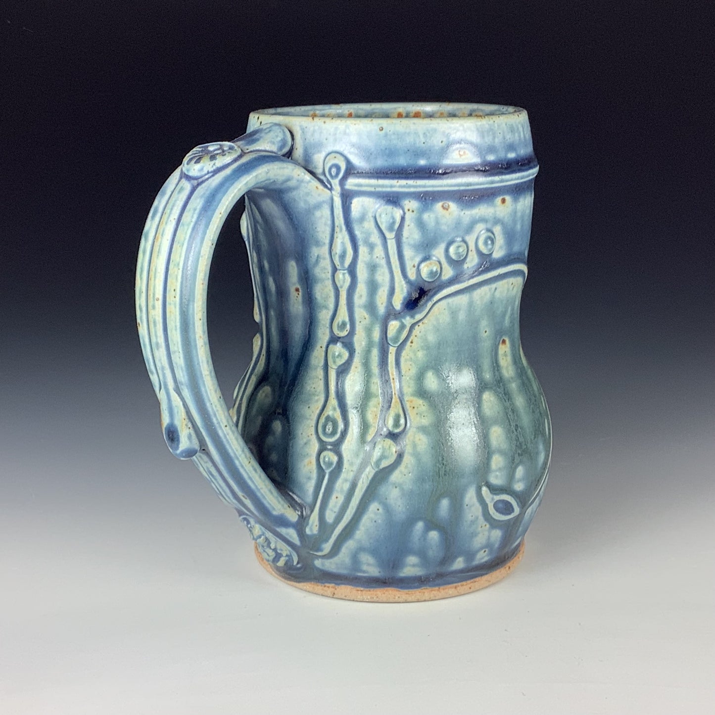 Handmade Stoneware Coffee Mug: Ash Blue Glaze, Slip-Dotted Bamboo