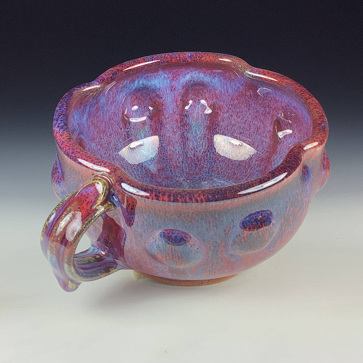 Handmade Ceramic Pottery Bowl with Handle, Red Purple Bump Glaze