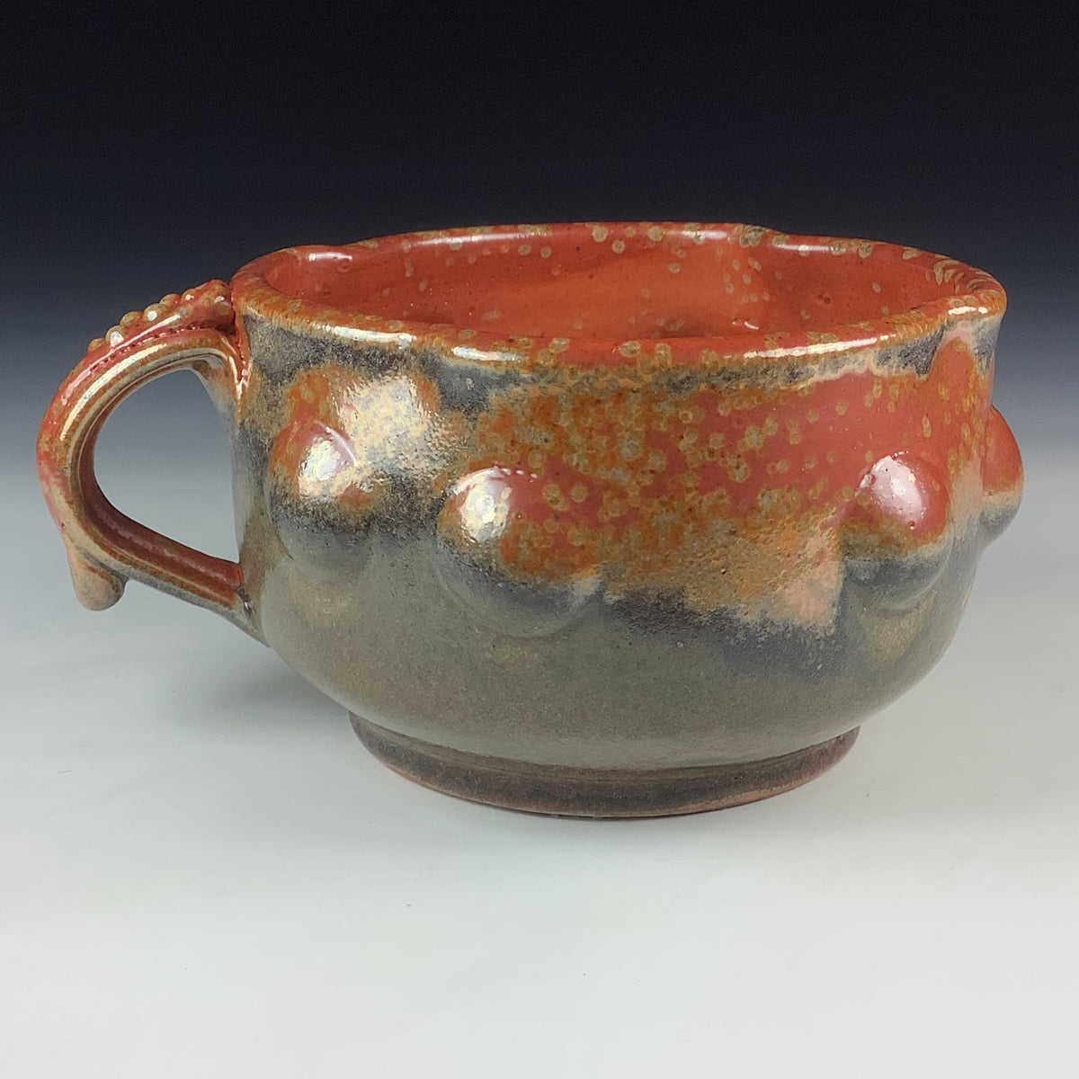 Handmade Ceramic Pottery Bowl with Handle, Orange Shino Bump Glaze