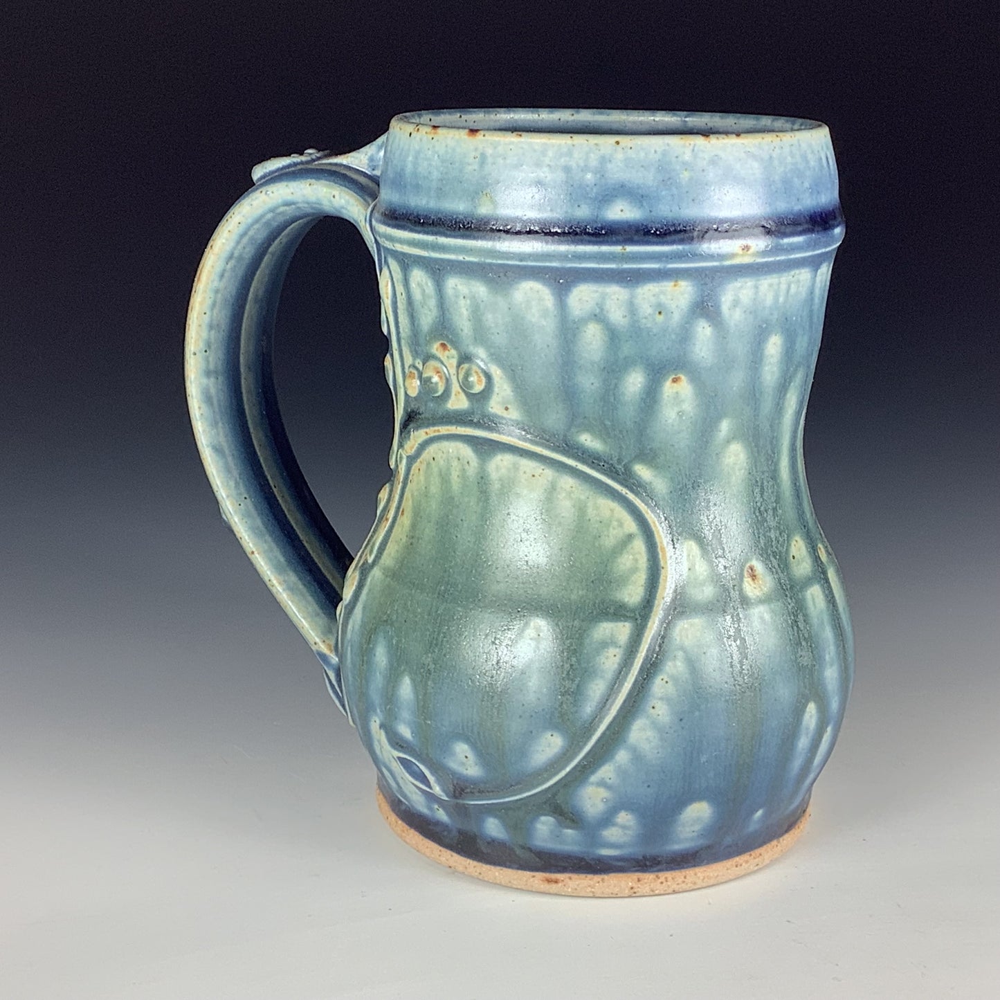 Handmade Stoneware Coffee Mug: Ash Blue Glaze, Slip-Dotted Bamboo