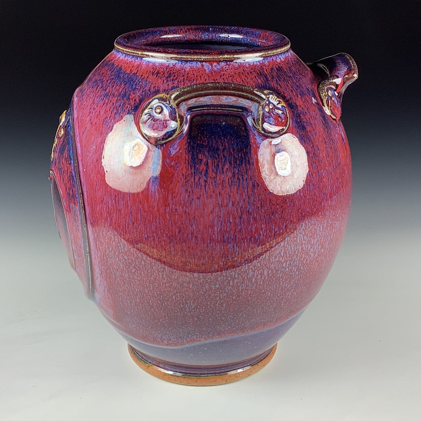 Handmade Stoneware Pottery Slip Trail Bamboo Purple Red Glaze Vase - Item 4094