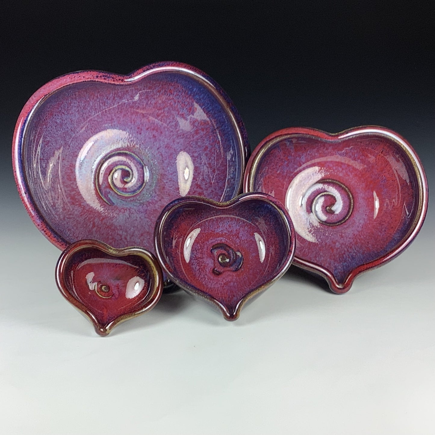 Handmade Ceramic Heart-Shaped Nesting Bowl Set of 4, Red Purple Glaze - Item 4018