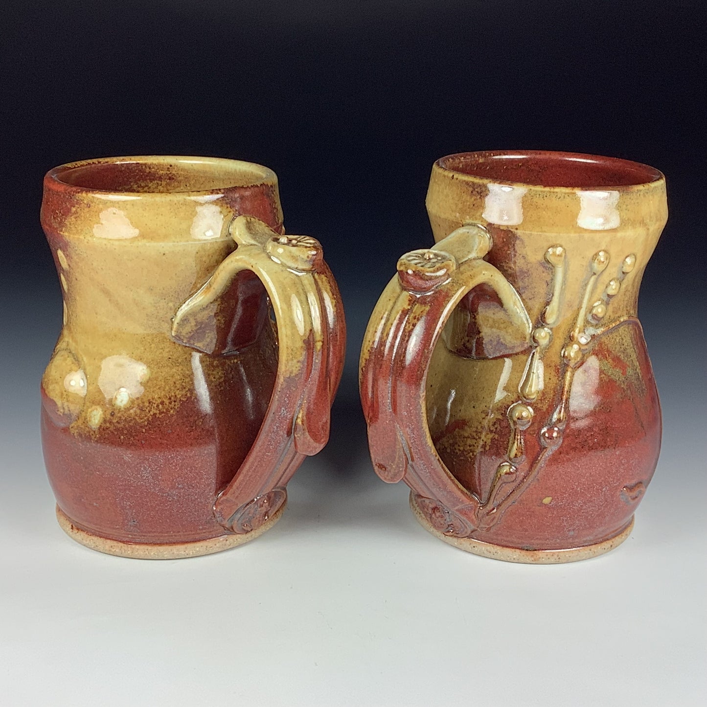 Handmade Ceramic Coffee Mug Set, Iron Red with White Ash Glaze, Bamboo Slip-Dotted Stoneware, Set of Two - Item 3942