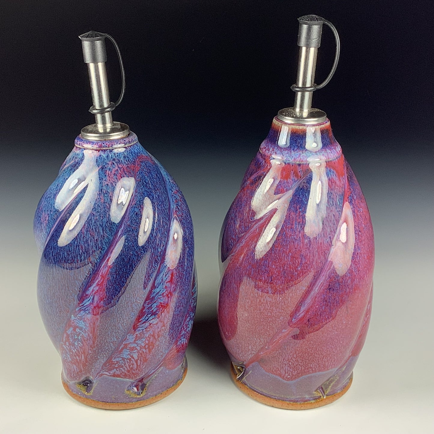 Handmade Ceramic Olive Oil Dispensers, Set of Two: Purple Red Twisty Stoneware Cruet - Item 3950