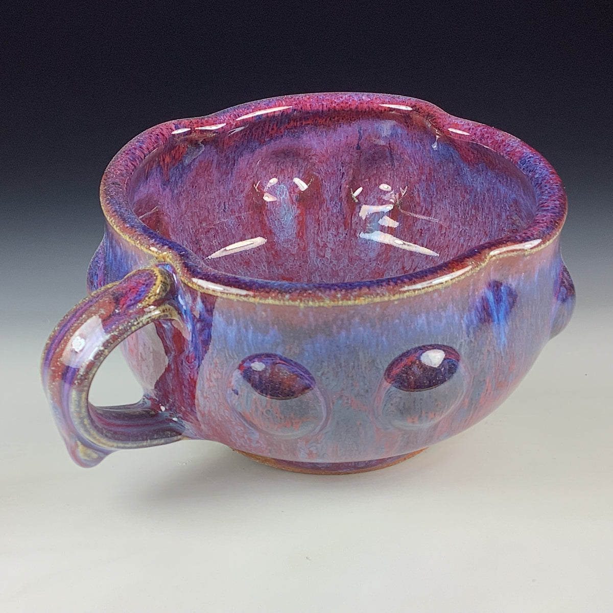 Handmade Ceramic Pottery Bowl with Handle, Red Purple Bump Glaze
