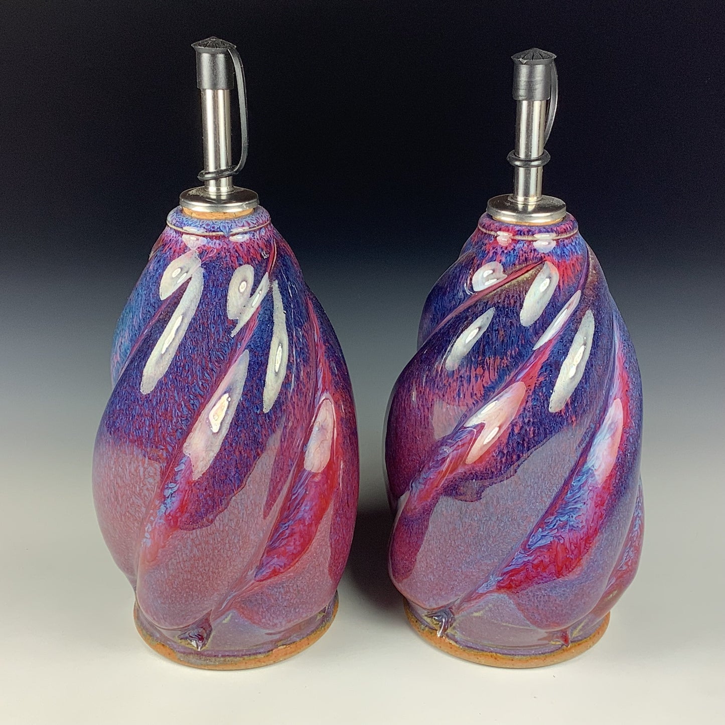 Handmade Ceramic Olive Oil Dispensers, Set of Two: Purple Red Twisty Stoneware Cruet - Item 3952