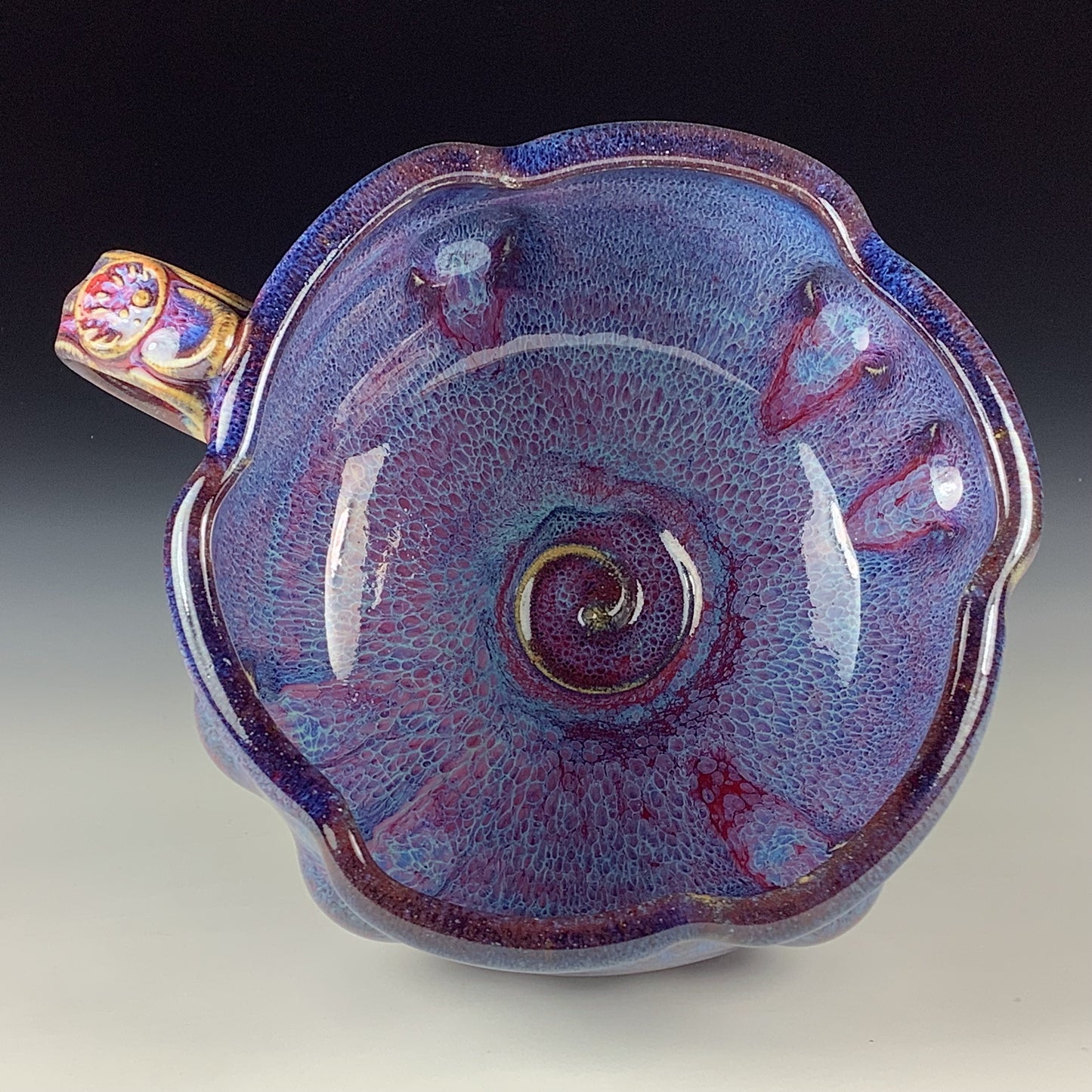 Handmade Ceramic Pottery Bowl with Handle, Red Purple Bump Glaze