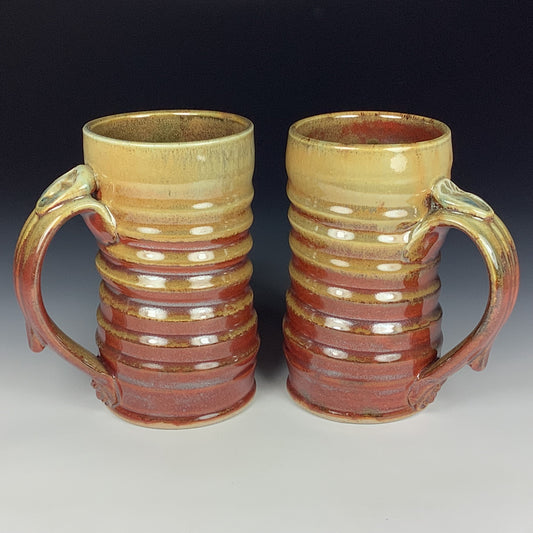 Handmade Wiggle Pottery Coffee Mugs, Iron Red & White Ash Glaze, Set of Two - Item 3939