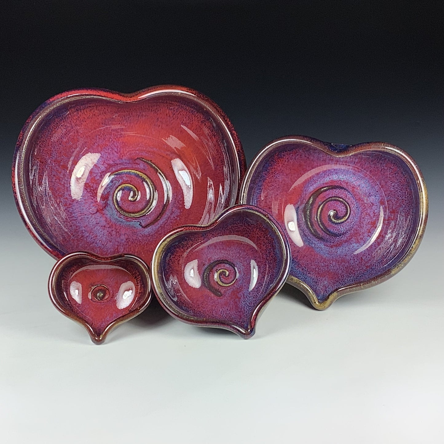 Handmade Ceramic Heart-Shaped Nesting Bowl Set of 4, Red Purple Glaze - Item 4014