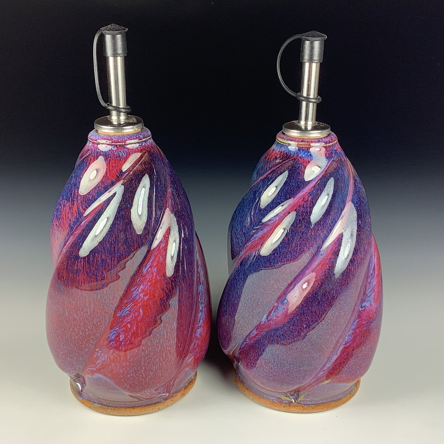 Handmade Ceramic Olive Oil Dispensers, Set of Two: Purple Red Twisty Stoneware Cruet - Item 3952